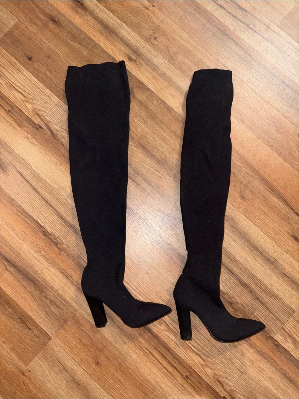 Thigh high stretchy Black boots block heel
